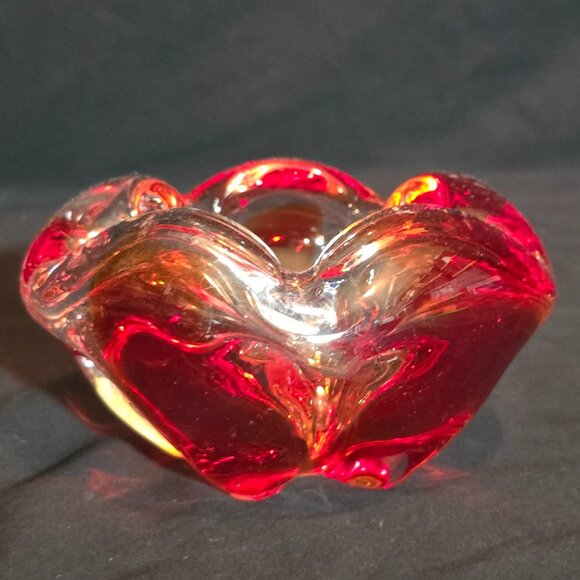 Murano Art Glass Red Orange Clear Crimped Ashtray / Dish - 5 1/2" x 3" H - Picture 1 of 5